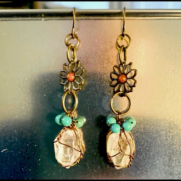 Quartz & Turquoise Brass Flower Earrings - Picture 11 of 13